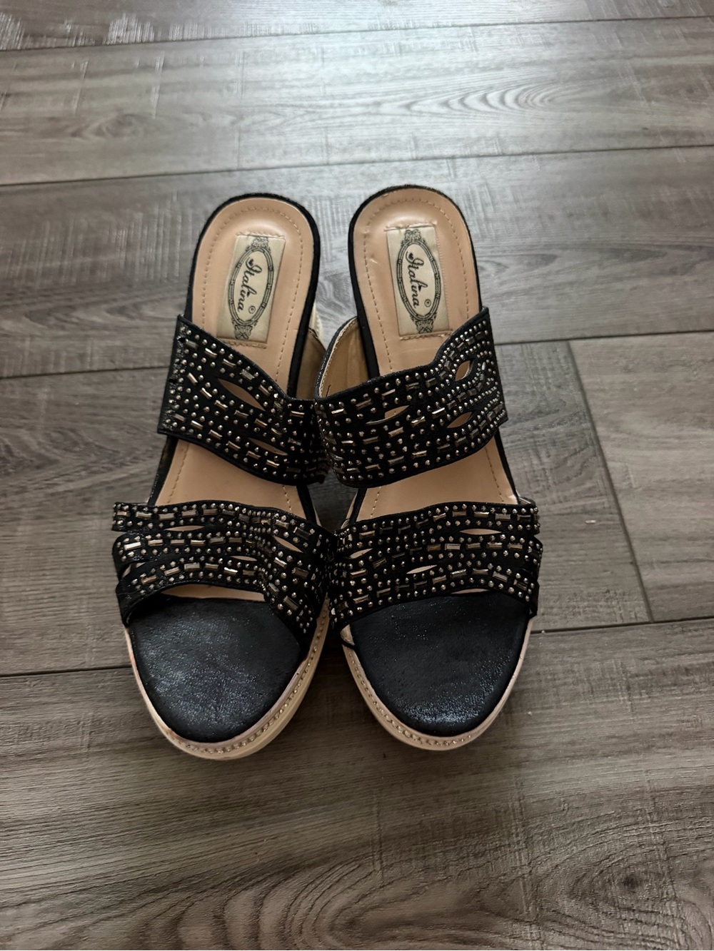 Black Embellished Wedge Slide Sandals